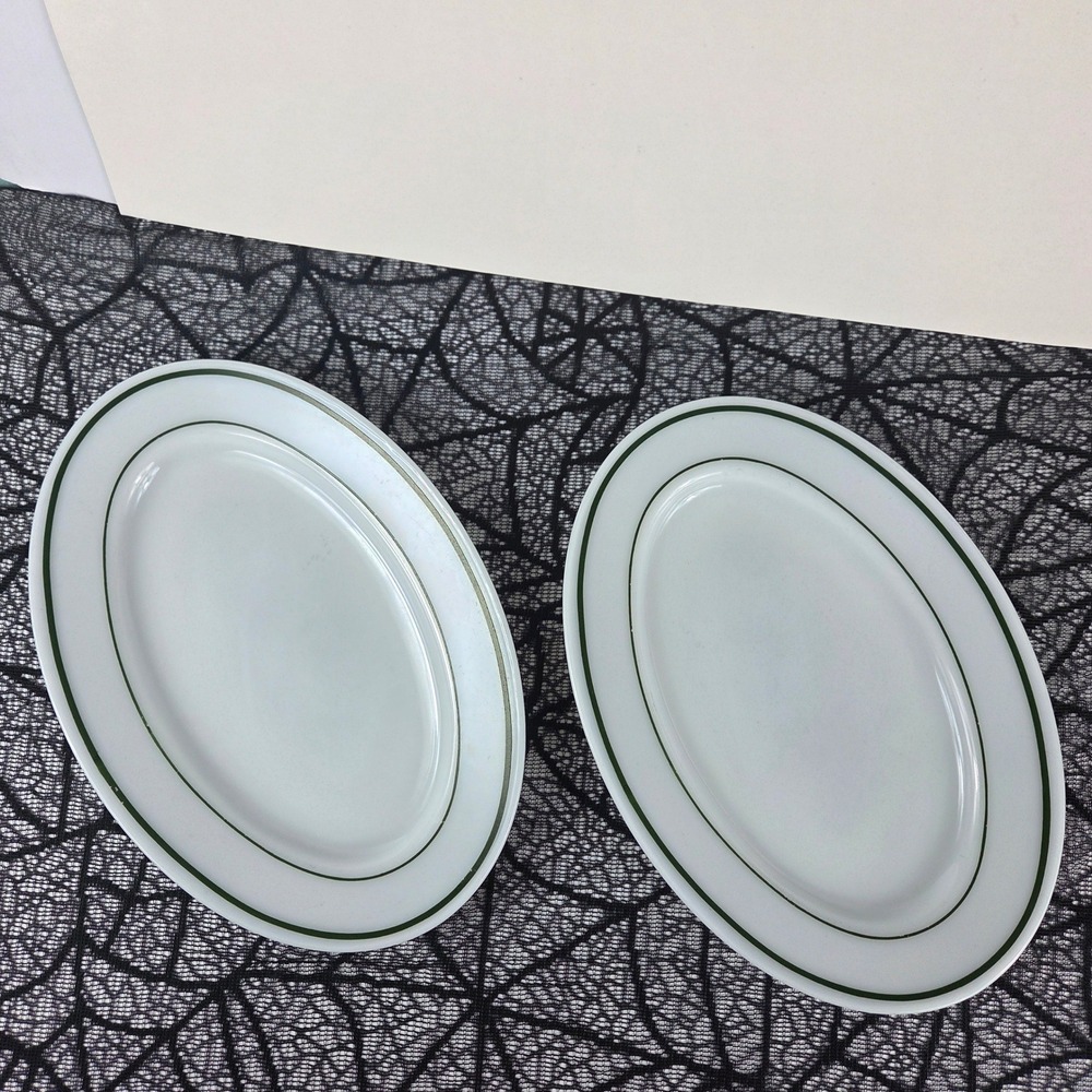 Vintage Pyrex Double Tough Milk Glass Oval Platters Green Rim Set of 2 USA